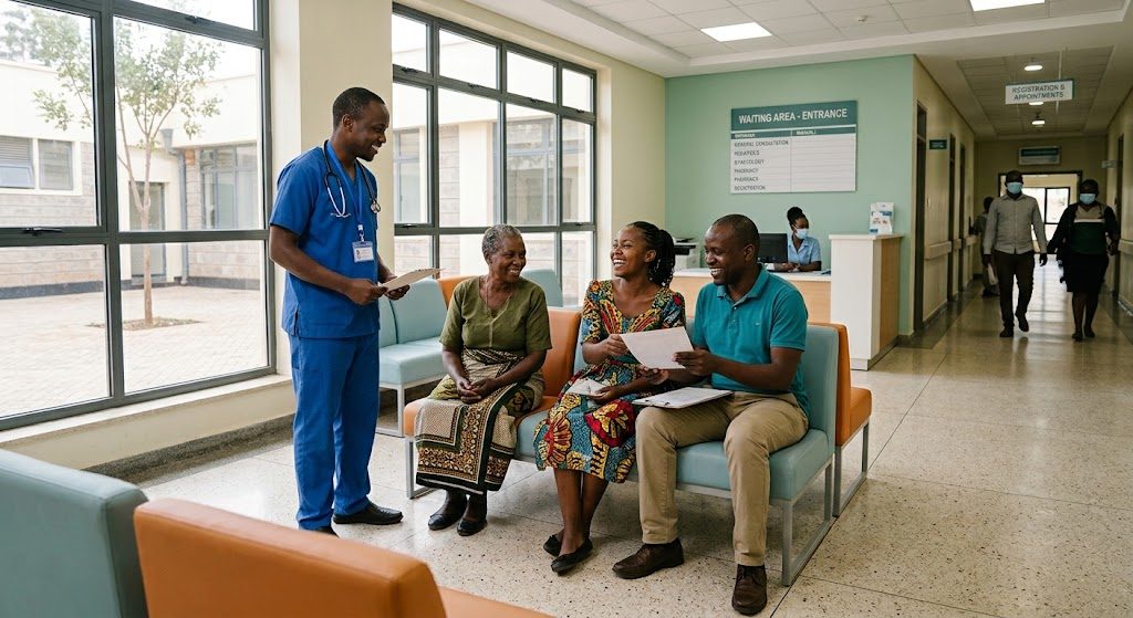 A nurse with a clipboard talking to three patients seated in a hospital waiting area, with the registration desk behind them.