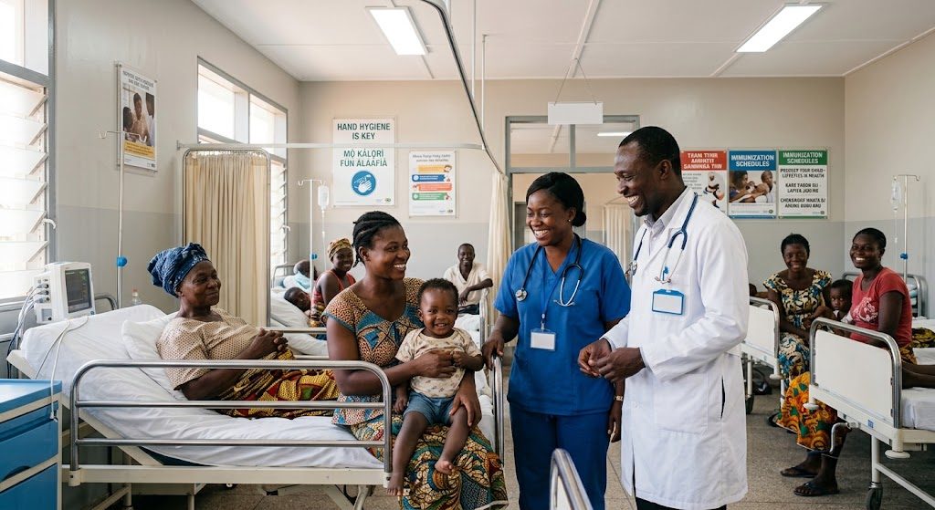 A doctor and a nurse on a ward round, talking with a mother holding her baby beside a patient's bed.
